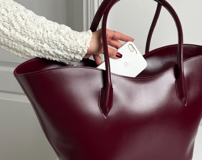 Burgundy Tote Bag, Spacious Work Handbag, Large Eco Leather Shoulder Shopper, Travel Laptop Carryall Purse