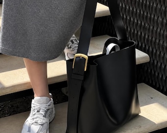 Large Black Work Tote Bag | Vegan Leather Laptop Bag | Buckle Shoulder Purse for Women