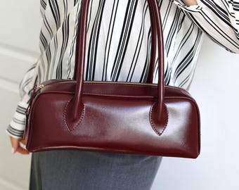 Burgundy Vegan Baguette Bag – Small Shoulder Purse Women