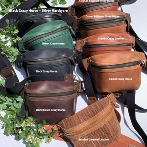 May include: A variety of leather fanny packs in different colors and styles, including black, brown, green, camel, and cognac. The text "Black Crazy Horse + Silver Hardware", "Cognac & Brown Crazy Horse", "Camel & Brown Crazy Horse", "Cognac Crazy Leather", "Green Crazy Horse", "Black Crazy Horse", "Camel Crazy Horse", "Dark Brown Crazy Horse", "Braided Caramel Leather", and "Leather & Colour Variations" is visible on the image.