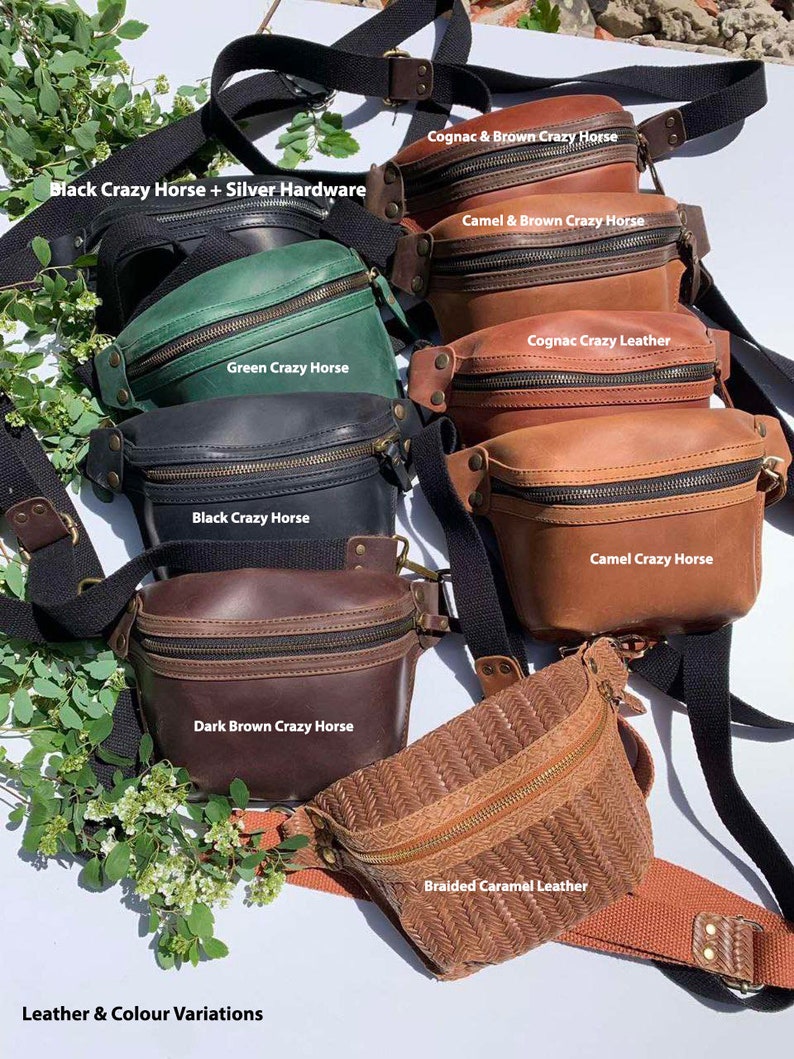 May include: A variety of leather fanny packs in different colors and styles, including black, brown, green, camel, and cognac. The text "Black Crazy Horse + Silver Hardware", "Cognac & Brown Crazy Horse", "Camel & Brown Crazy Horse", "Cognac Crazy Leather", "Green Crazy Horse", "Black Crazy Horse", "Camel Crazy Horse", "Dark Brown Crazy Horse", "Braided Caramel Leather", and "Leather & Colour Variations" is visible on the image.