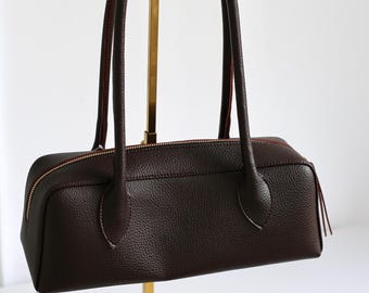 Brown Shoulder Bag – Vegan Leather Baguette Purse, Small Zip Handbag for Women