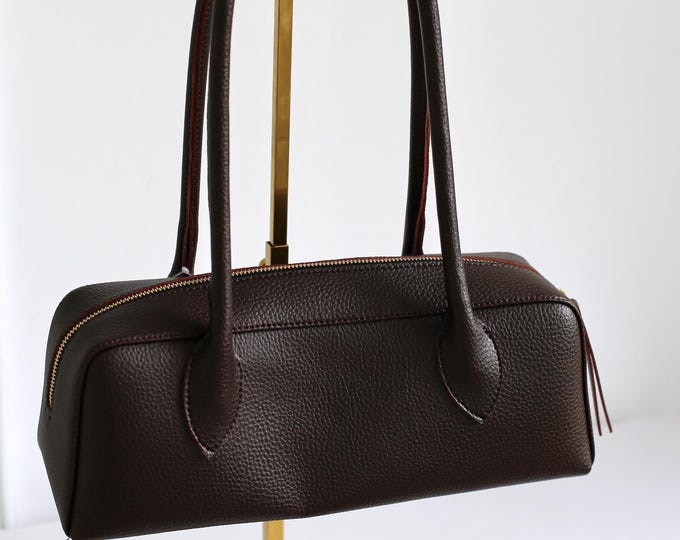 Brown Shoulder Bag – Vegan Leather Baguette Purse, Small Zip Handbag for Women