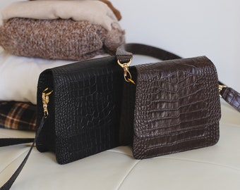 Leather Croc Embossed Crossbody Bag Women,Womens Bag,Bags For Women,Leather Bag,Leather Shoulder Bag,Croc Leather Bag,Christmas Gift Women