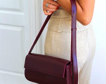 Burgundy Vegan Leather Shoulder Bag, Small Crossbody Purse, Compact Everyday Handbag