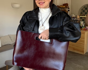 Burgundy Leather Tote Bag, Large Work Bag For Women, Eco Leather Office Purse, Top Handle Handbag, Birthday Gift
