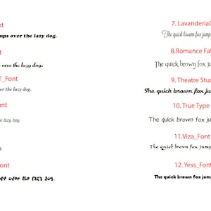 May include: A white background with red text listing 12 different font styles. Each font style is displayed with the phrase "The quick brown fox jumps over the lazy dog." in that font style.