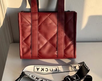 Burgundy Tote Bag with Strap– Quilted Vegan Leather Handbag, Small Shoulder Purse