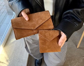 Long Suede Leather Wallet for Women | Envelope Clutch Purse | Wallet Set | Christmas Gift for Her