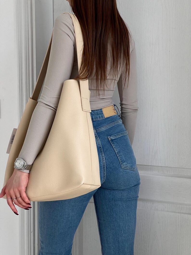 Shoulder Bag, Eco Leather Hobo Bags for Women, Vegan Leather Shoulder Bag, Women Shopper Bag, Leather Hobo Bag, Women's Gift Shoulder Bag Beige Eco Leather