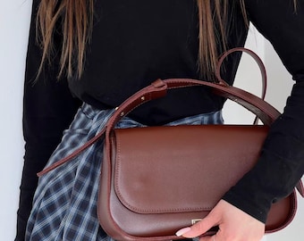 Brown Leather Shoulder Bag - Minimalist Crossbody Purse, Everyday Women’s Handbag