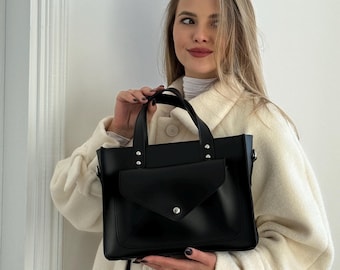 Black Vegan Leather Satchel Bag for Women | Structured Top Handle Purse | Crossbody Purse | Christmas Gift for Her