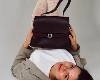 Brown Vegan Leather Crossbody Bag - Structured Flap Purse with Buckle