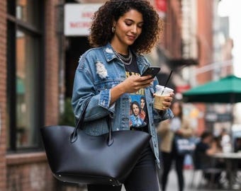 Bolso de hombro extragrande de piel ecológica negra con cremallera