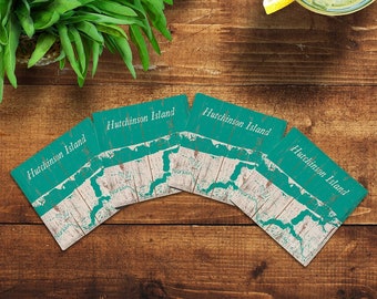 Hutchinson Island, Florida Map Coasters | Drink Coaster Set of 4 | Absorbent Ridged Ceramic with Cork Backing