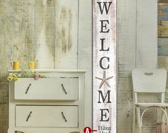 Personalized Welcome Wooden Sign with Starfish | Customizable Wall Art Print on Real Wood | Porch Leaner