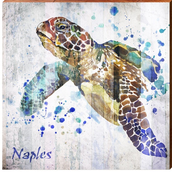 Naples Watercolor Sea Turtle Wall Art Print on Real Wood -  UK