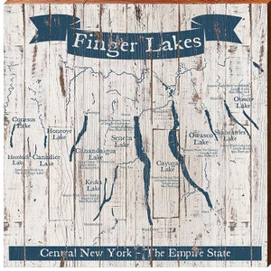 Finger Lakes, Nueva York Mapa Letrero de madera / Impresión de arte de pared en madera real