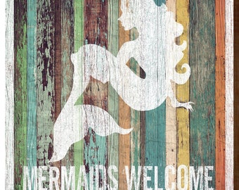Mermaids Welcome Sign | Wall Art Print on Real Wood