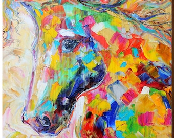 Karen Tarlton Regenbogen Pferd | Wand-Kunstdruck auf Echtholz