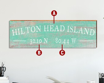 Personalized Coastal Farmhouse Green Latitude Longitude Town Sign | Customizable Wall Art Print on Real Wood