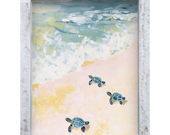 Baby Sea Turtle Adventure | Real Wood Framed Wall Art Print