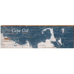 Cape Cod, Massachusetts Navy & White Shabby Karte Wandkunst | Wand-Kunstdruck auf Echtholz