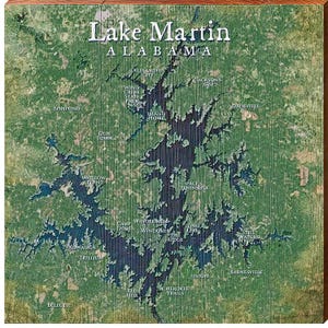 Lake Martin, Alabama Satelliten Karte | Wand-Kunstdruck auf Echtholz