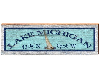 Voilier Lac Michigan Bleu Latitude Longitude | Impression d'art mural sur bois véritable