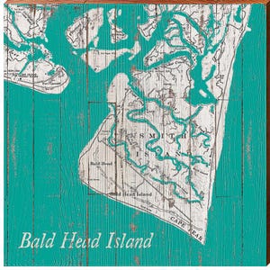 Mapa de navegación de Bald Head Island, Carolina del Norte, arte mural en color verde azulado / impresión de arte mural en madera auténtica