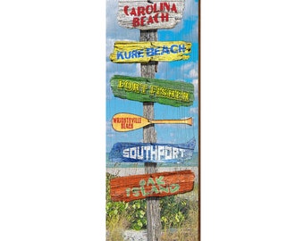 Carolina & Kure Beach, North Carolina Directional Wooden Sign | Wall Art Print on Real Wood