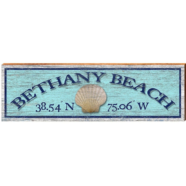 Bethany Beach, Delaware Panneau en bois | Impression d'art mural sur bois véritable | Cadeau déco maison bleu coquillage Latitude Longitude plage