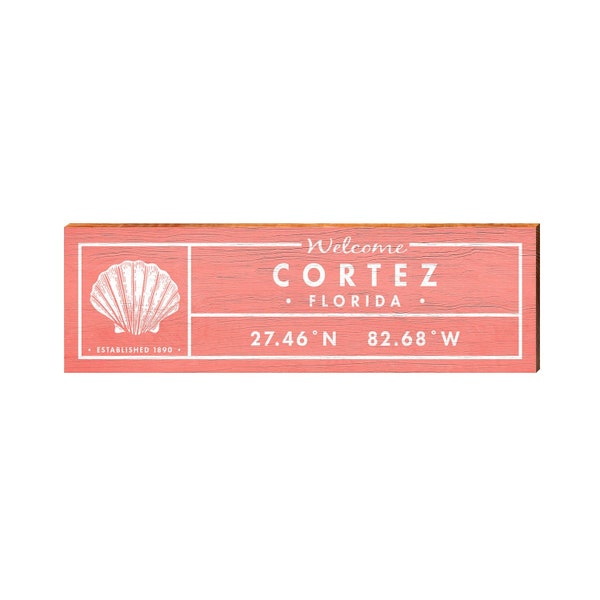 Cortez, Florida Seashell Wooden Welcome Sign | Wall Art Print on Real Wood
