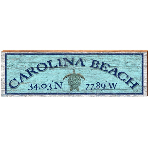 Carolina Beach, North Carolina Sea Turtle Latitude Longitude Wooden Sign | Wall Art Print on Real Wood