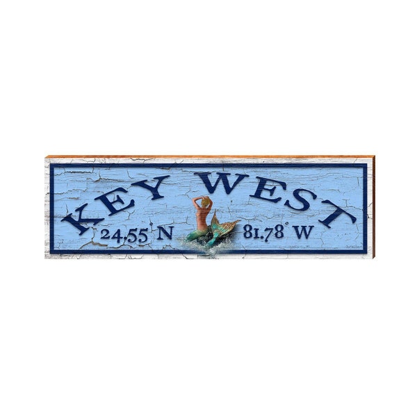 Key West Mermaid Blue Latitude Longitude | Wall Art Print on Real Wood