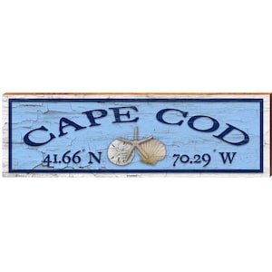 Cape Cod, Massachusetts Sea Shells Latitude Longitude Wooden Sign | Wall Art Print on Real Wood