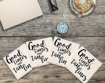 Good Times and Tan Lines | Drink Coaster Set of 4 | Absorbent Ridged Ceramic with Cork Backing