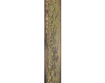 May include: A tall, rectangular wooden sign featuring a topographic map of the Long Trail in Vermont. The map displays green terrain with a prominent, winding yellow line representing the trail path. The text LONG TRAIL is printed vertically in white.