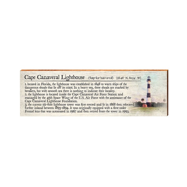 Cape Canaveral Lighthouse, Florida Definition Wooden Sign | Wall Art Print on Real Wood