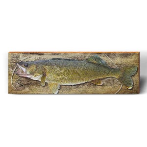 May include: A detailed painting of a walleye fish on a wooden plank. The fish is depicted in shades of green, yellow, and brown, with a fishing hook and line. The background is a textured, weathered wood.