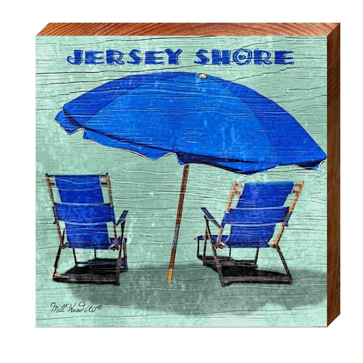 parasols et chaises de plage bleus jersey shore | impression d'art mural sur bois véritable