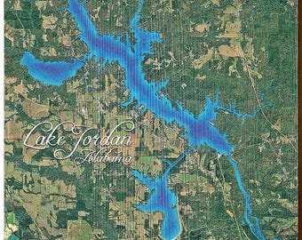 Lake Jordan, Alabama Satellite Map | Wall Art Print on Real Wood
