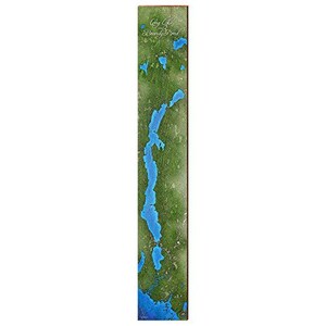 May include: A vertical wooden sign featuring a map of Long Lake, Brandy Pond. The map is in shades of green and blue, with the lake represented in blue. The text "Long Lake, Brandy Pond" is in a cursive font at the top.