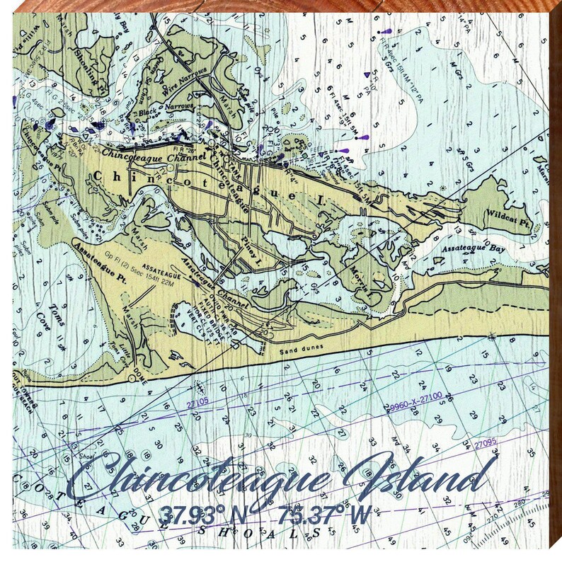 Chincoteague Island Chart Wall Art Map Print on Real Wood Etsy