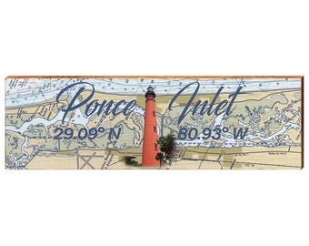 Carte de navigation de Ponce Inlet, Floride avec oeuvre d'art murale phare de Ponce de Leon Inlet | Impression d'art mural sur bois véritable