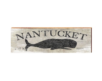Nantucket, Massachusetts Whale Wooden Sign w/ Coordinates | Wall Art Print on Real Wood