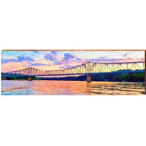 May include: A wooden wall art piece featuring a colorful depiction of the Shell Knob Bridge over Table Rock Lake at sunset. The bridge is a steel truss design, with the sky painted in shades of pink, orange, and blue.