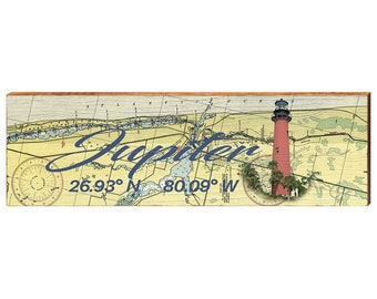 Jupiter, Florida with Jupiter Inlet Lighthouse Map Breitengrad-Längengrad Holzschild | Wand-Kunstdruck auf Echtholz