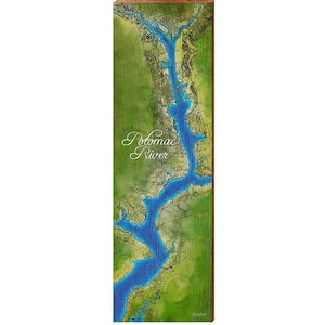 Potomac River Map Holzschild | Wal Kunstdruck auf Echtholz | Berghütte Hütte Haus Wohnkultur