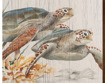 Oak Island, NC Art Lamay's Sea Turtles | Wall Art Print on Real Wood